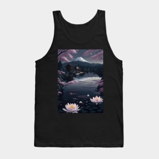 Serene Mount Fuji Sunset - Peaceful River Scenery - Lotus Flowers Tank Top